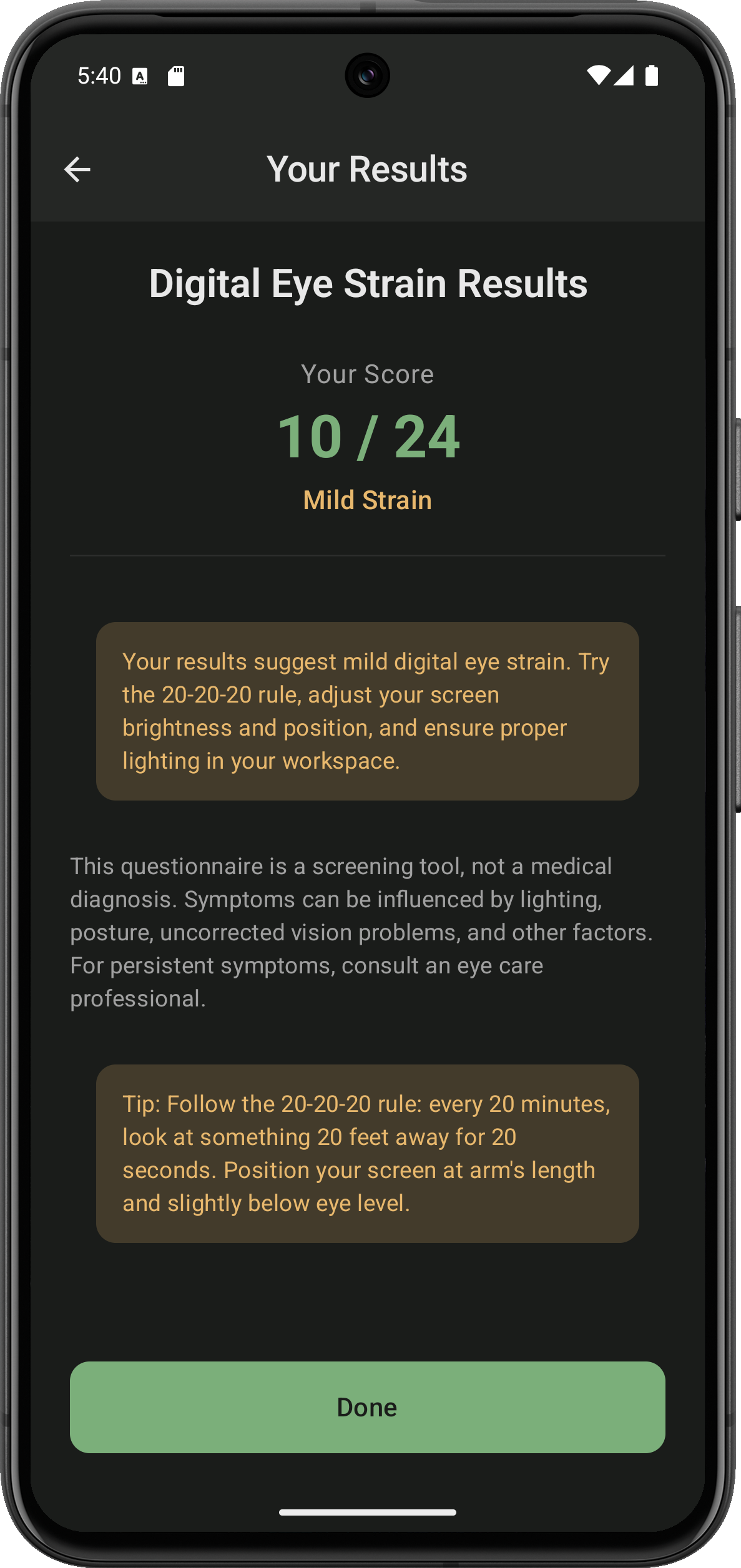 Digital eye strain test results with score and recommendations