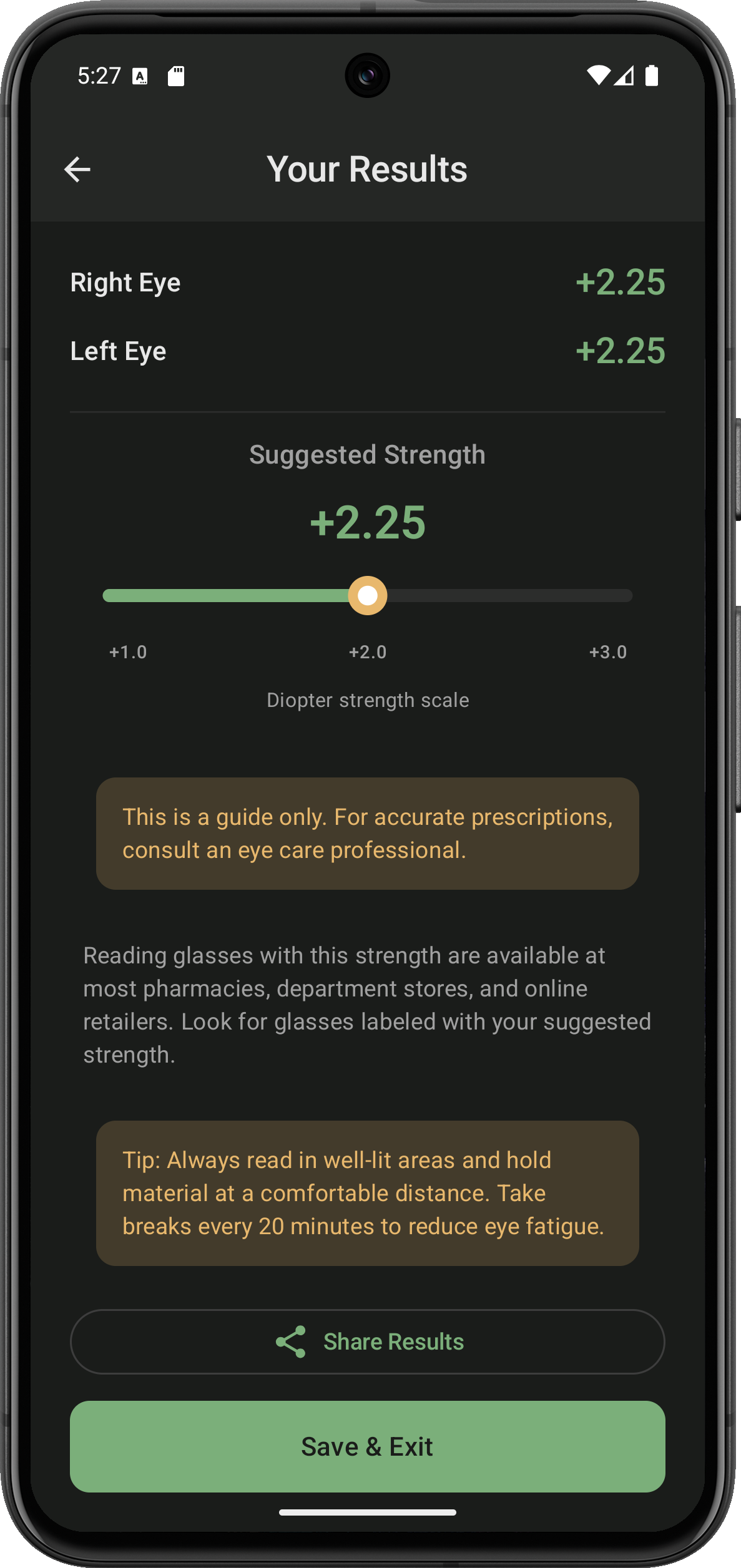 Test results showing suggested reading glasses strength with diopter scale