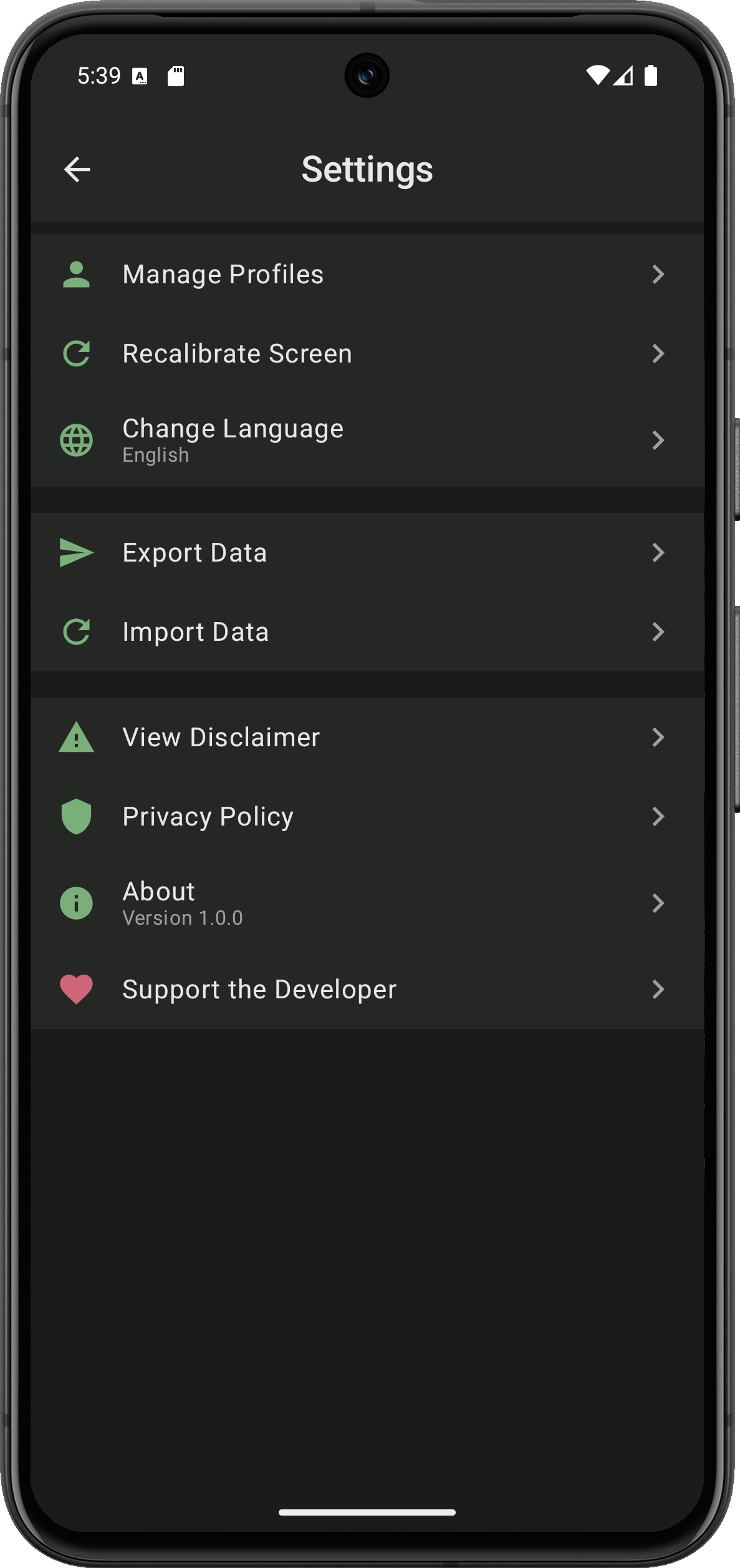 Settings screen with profiles, language, export, and privacy options
